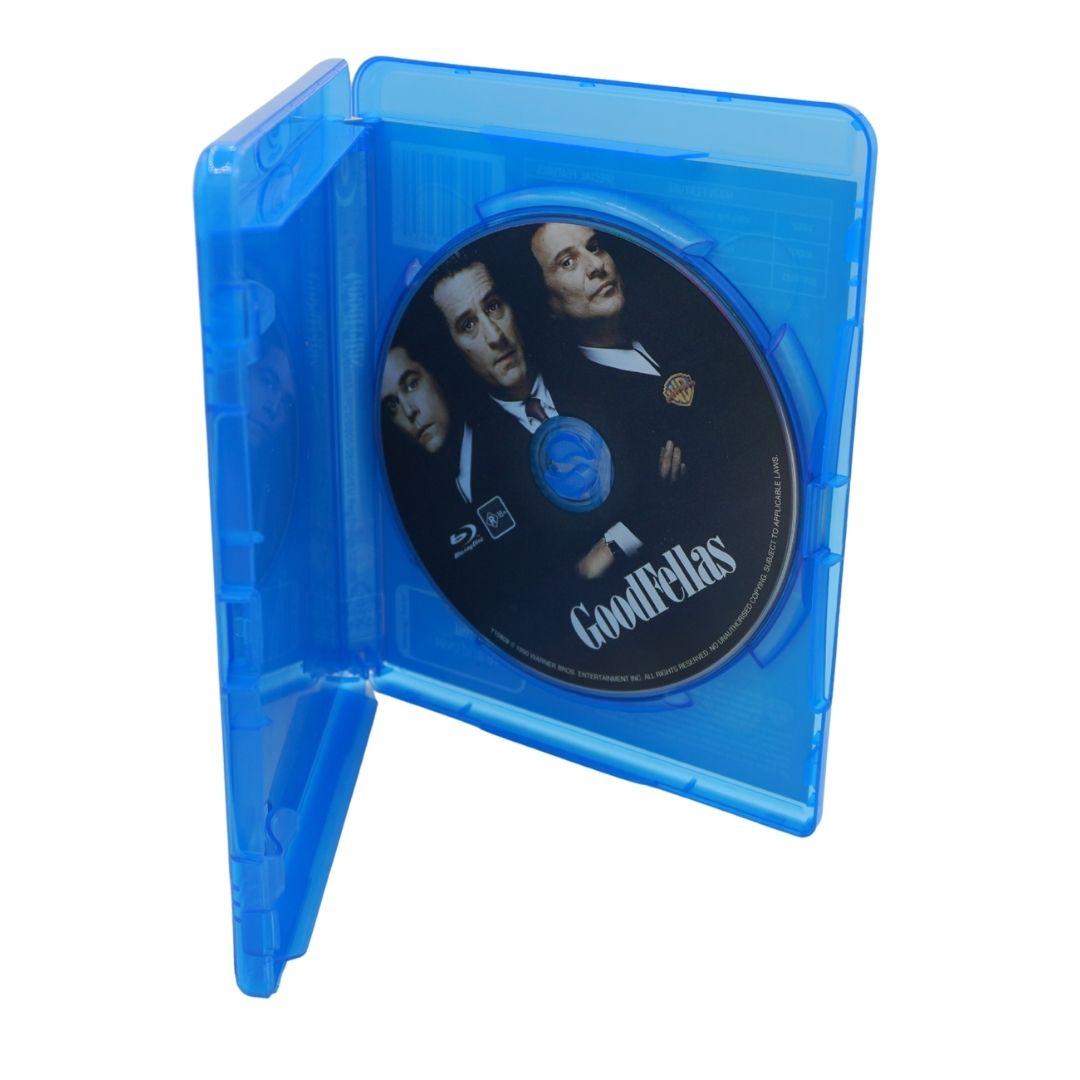 A blue translucent plastic Blu-ray case shown open on a white background, with a black movie disc featuring the Goodfellas logo and character artwork inserted.