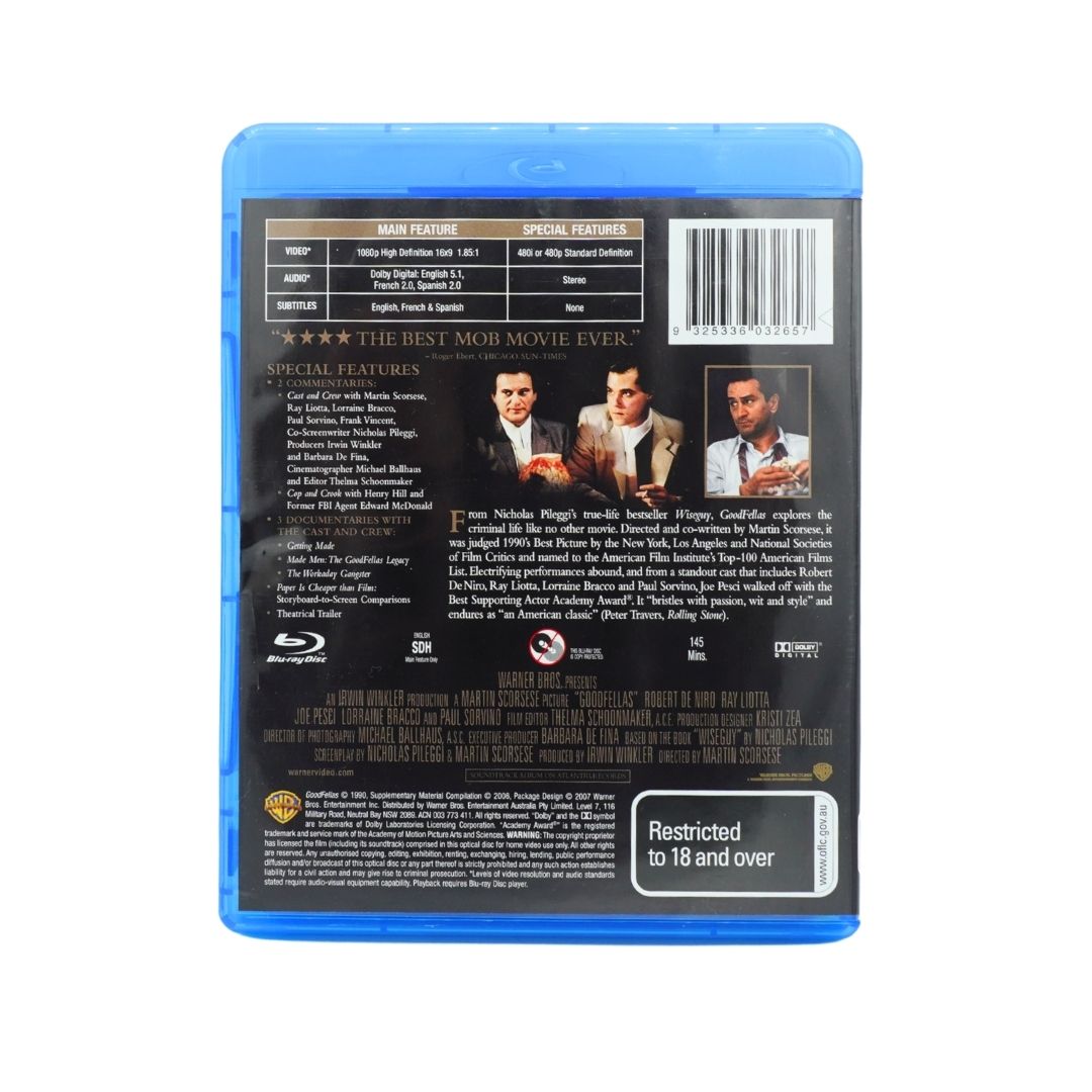 The back cover of a Blu-ray case reading 'The Best Mob Movie Ever' featuring a black background with movie details, cast photos, and a restricted 18+ label, set against a plain white background.