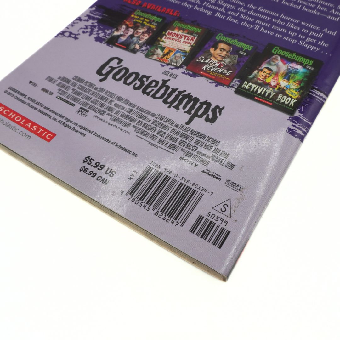 Back cover of a Goosebumps book with branding and product details.