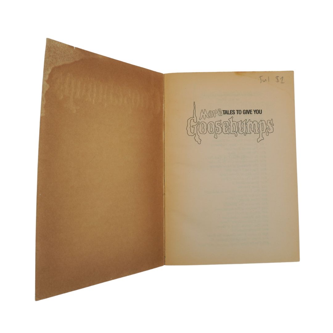 Inside cover of a Goosebumps Special Edition showing some discolouration and wear