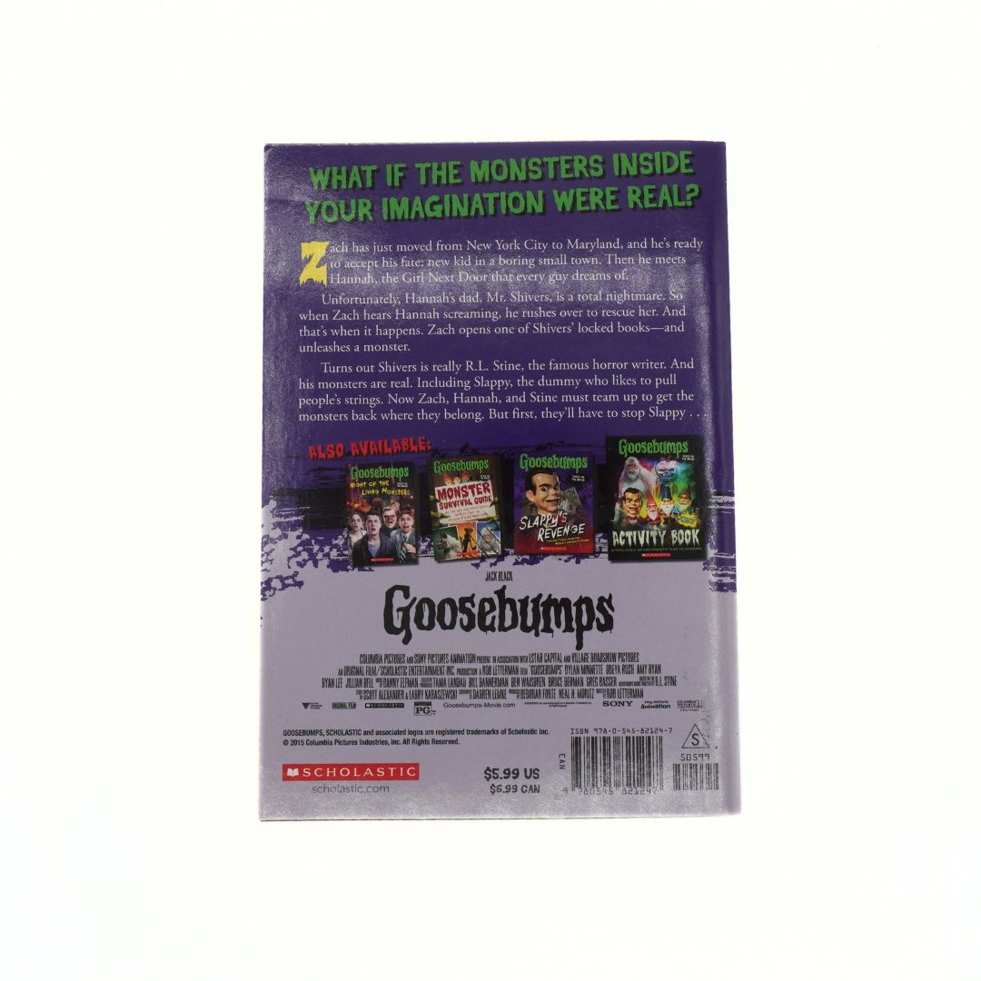 Back cover of a Goosebumps book with text and character images on a white background