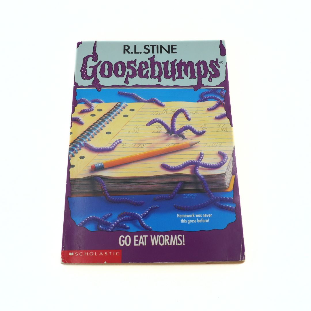 Goosebumps book titled 'Go Eat Worms!' by R.L. Stine on a white background