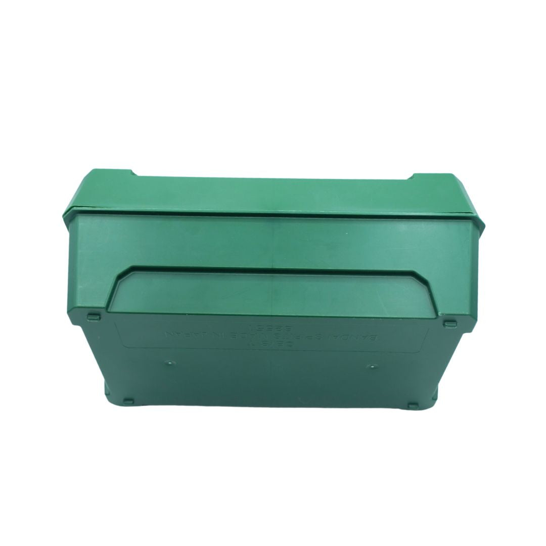 A green plastic storage bin with a hinged lid, shown from a top-down perspective on a plain white background.
