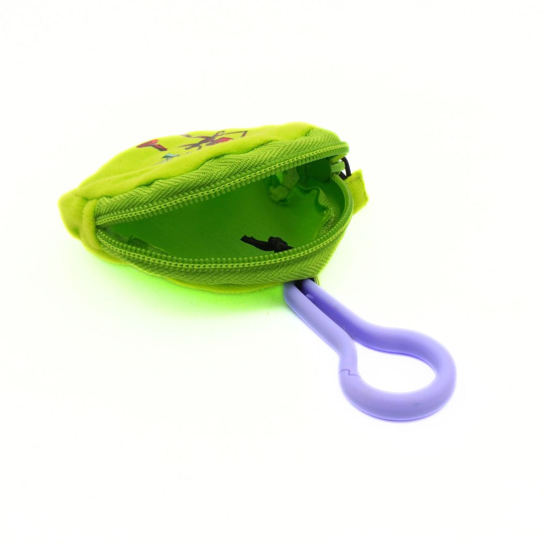 Green pouch with a purple handle on a white background