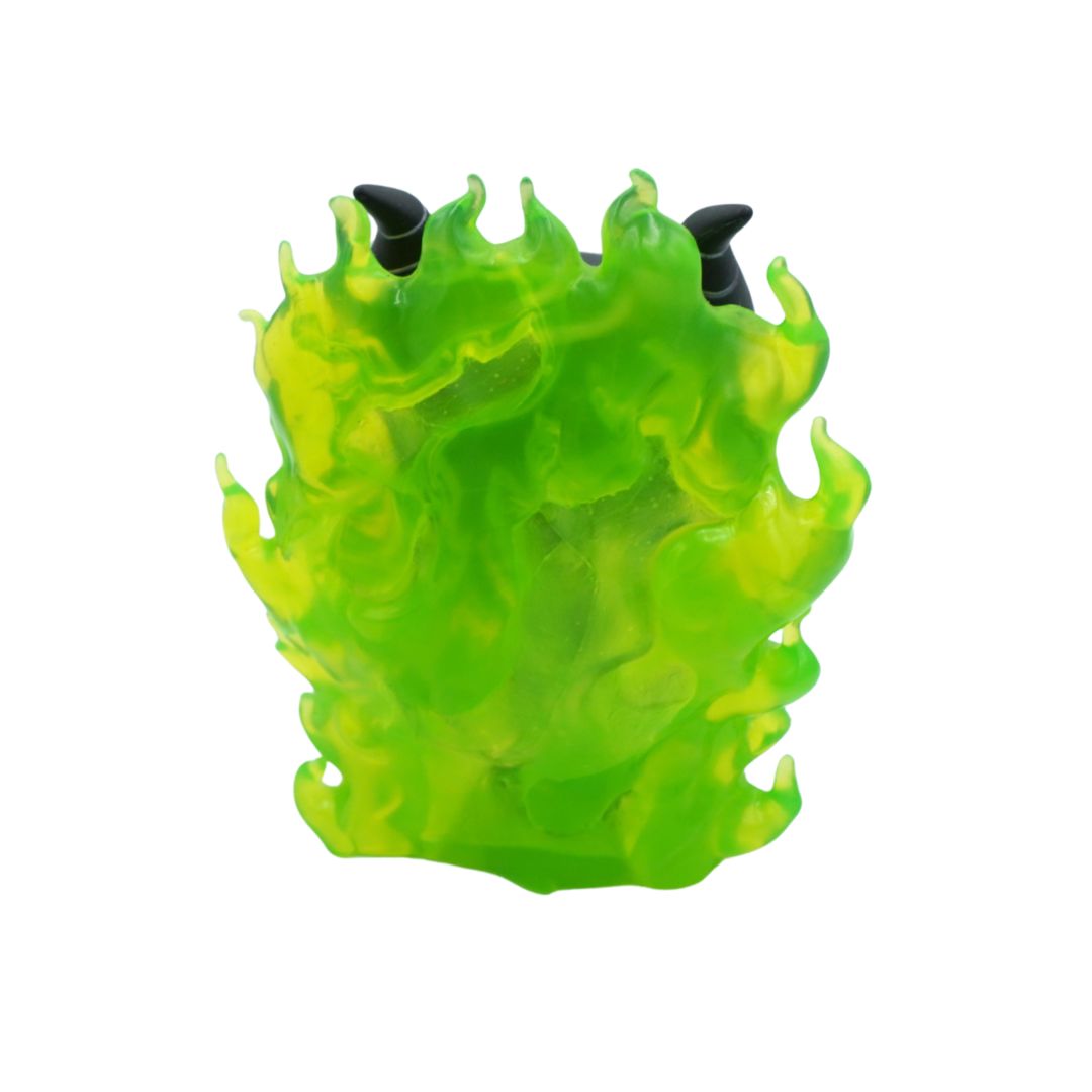 A translucent neon green flame-shaped accessory with two small black horn-like protrusions at the top, shown on a plain white background.