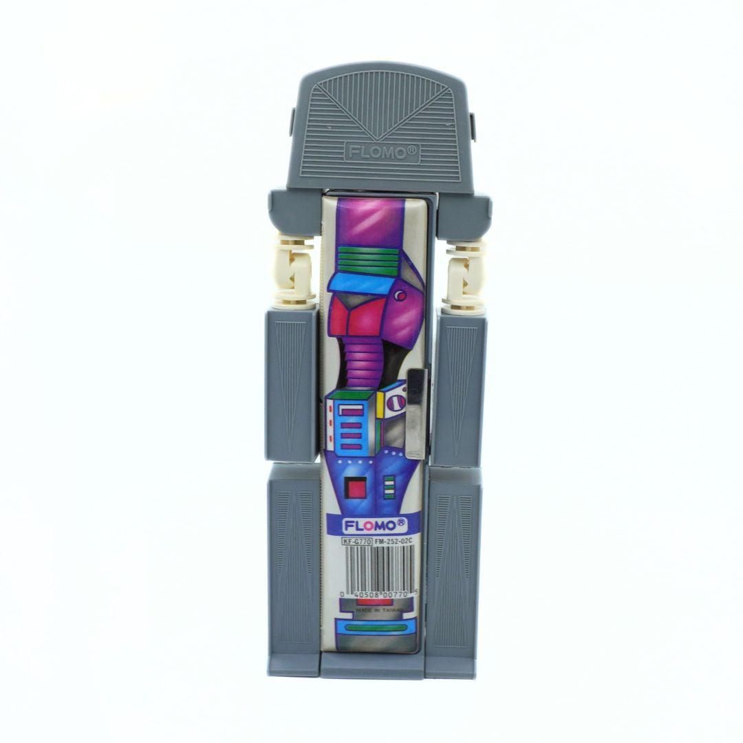 Colorful toy figure with gray base on a white background