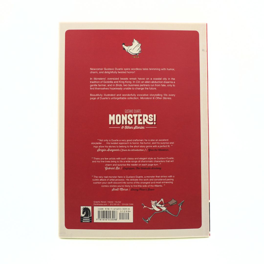 The back cover of the book Monsters! and Other Stories, featuring a dark red background with white text, a small white bird logo, and a barcode at the bottom.
