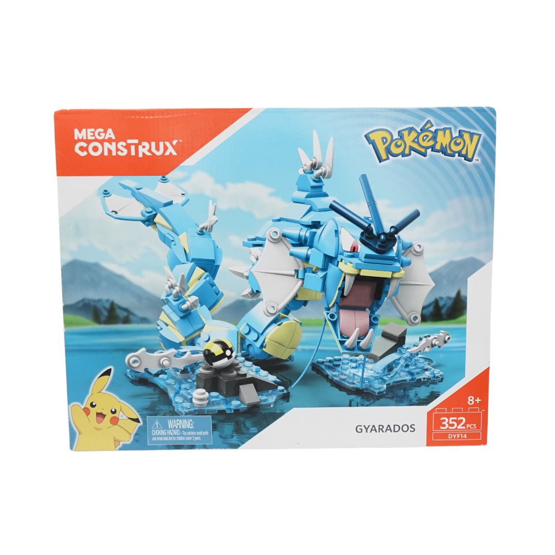 Pokemon Gyarados Mega Construx in box, featuring an image of the finished construction