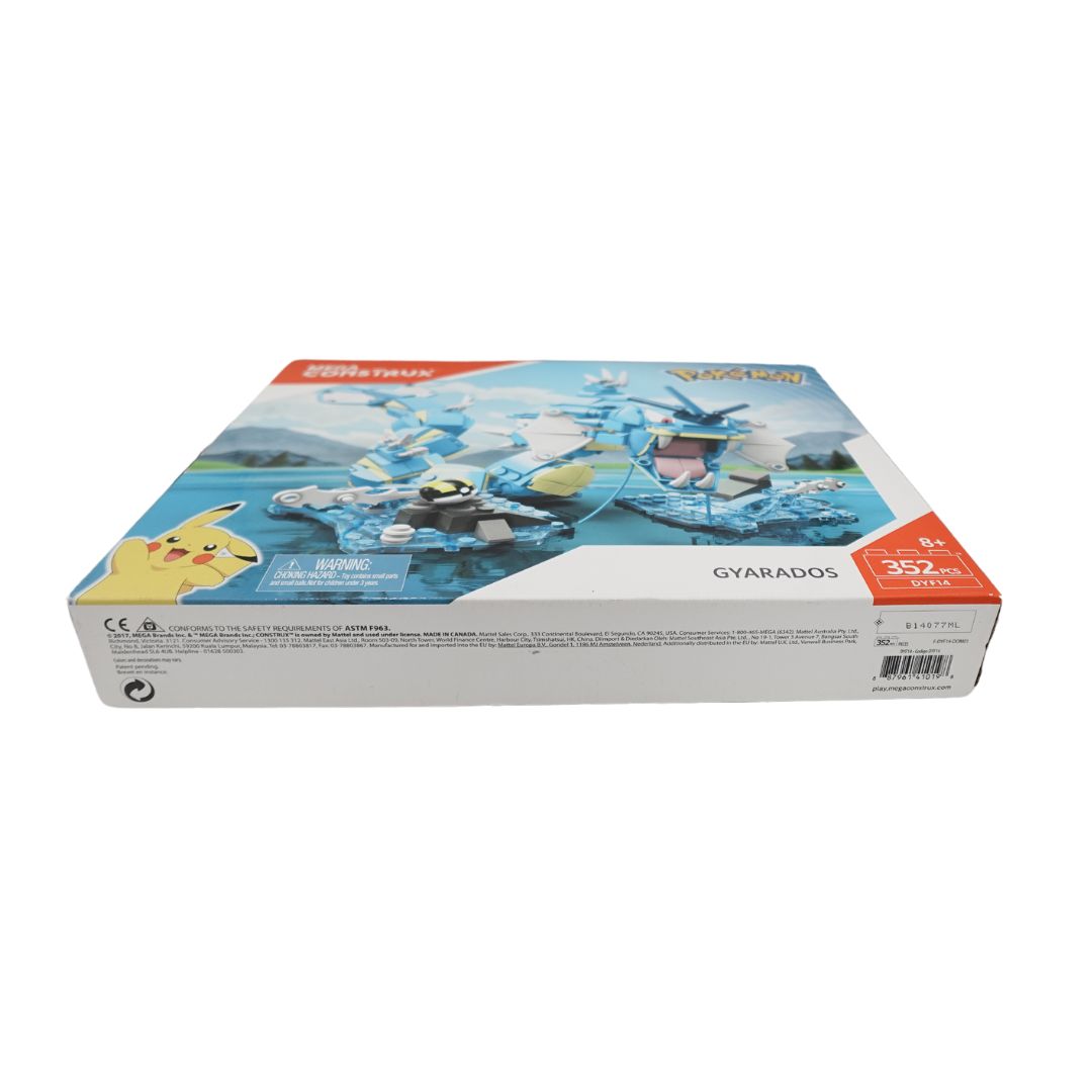 Bottom of the Pokemon Mega Construx Gyarados box featuring barcode and information