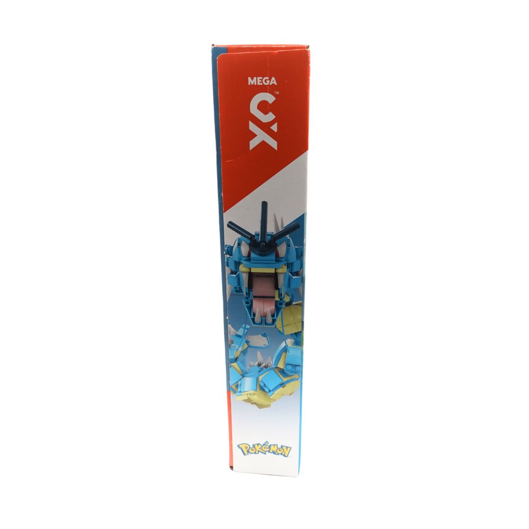 Side on image of the Gyarados Mega Construx box featuring the blue Pokemon