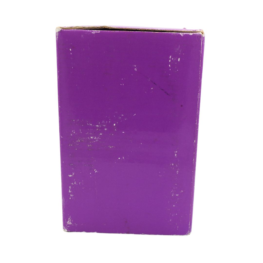 A purple rectangular box with a glossy finish, showing some scuffs and wear on the surface, isolated on a white background.