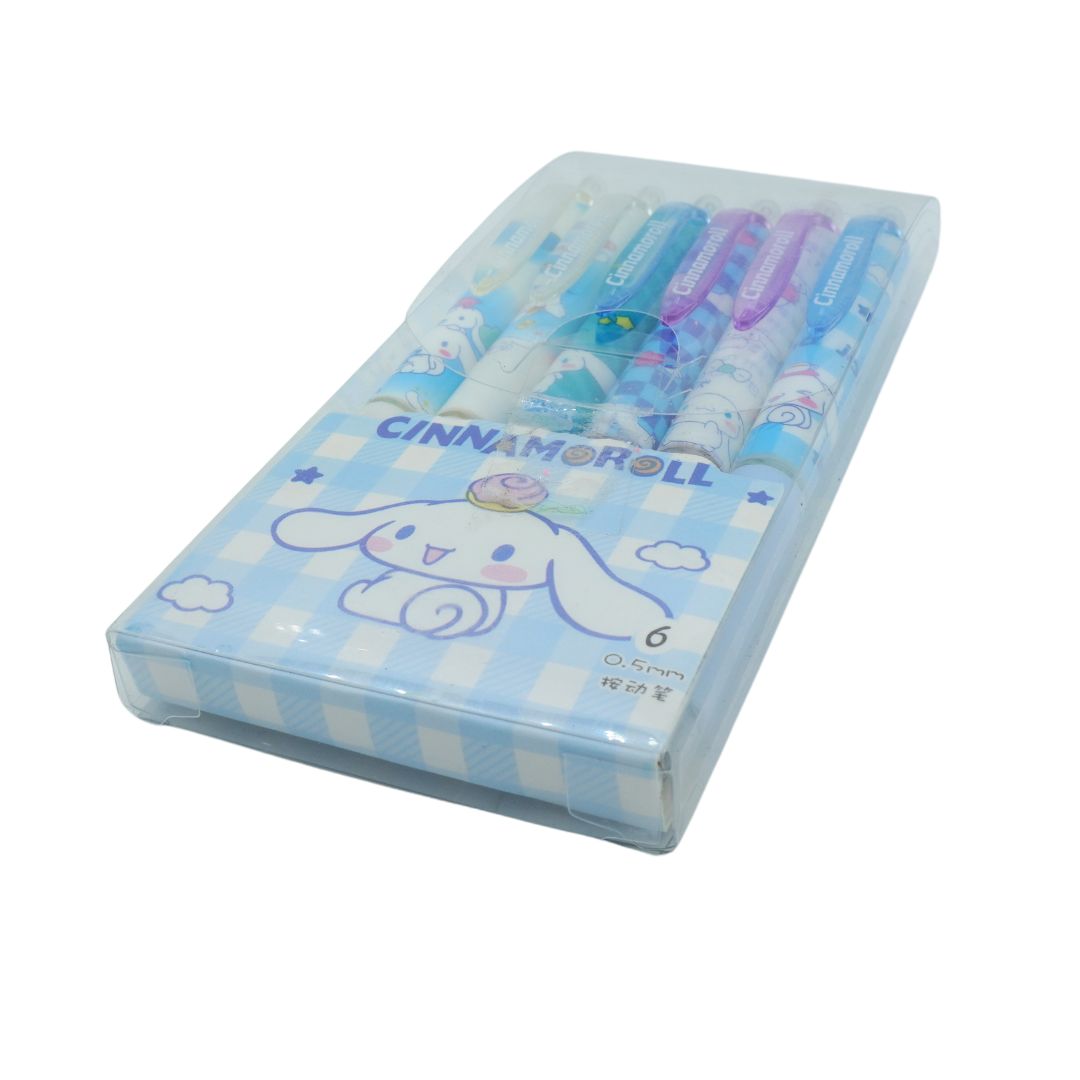 Underside of 0.5mm Cinnamoroll pen set inside a blue plastic case