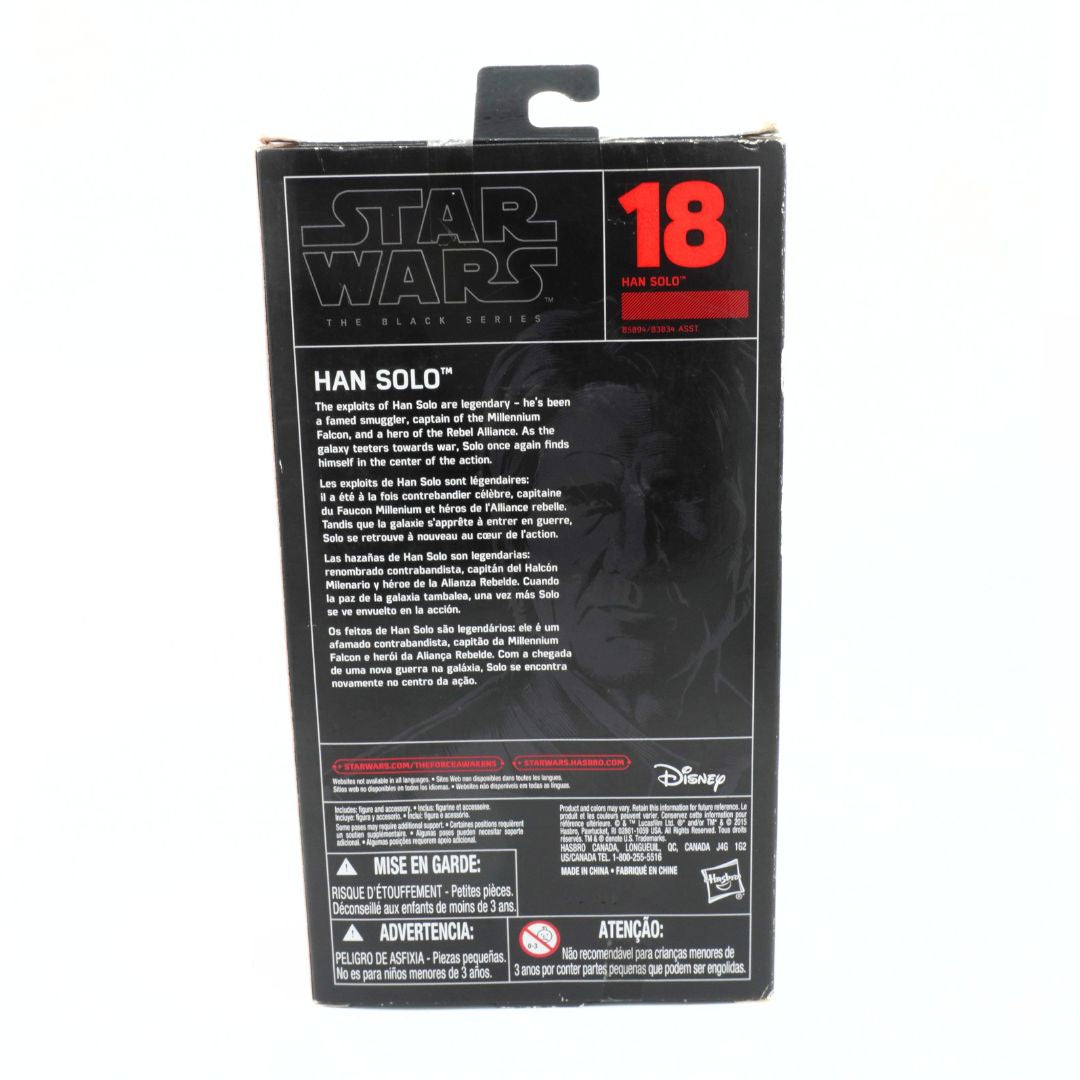Back view of a Star Wars Han Solo action figure packaging with branding and product details.