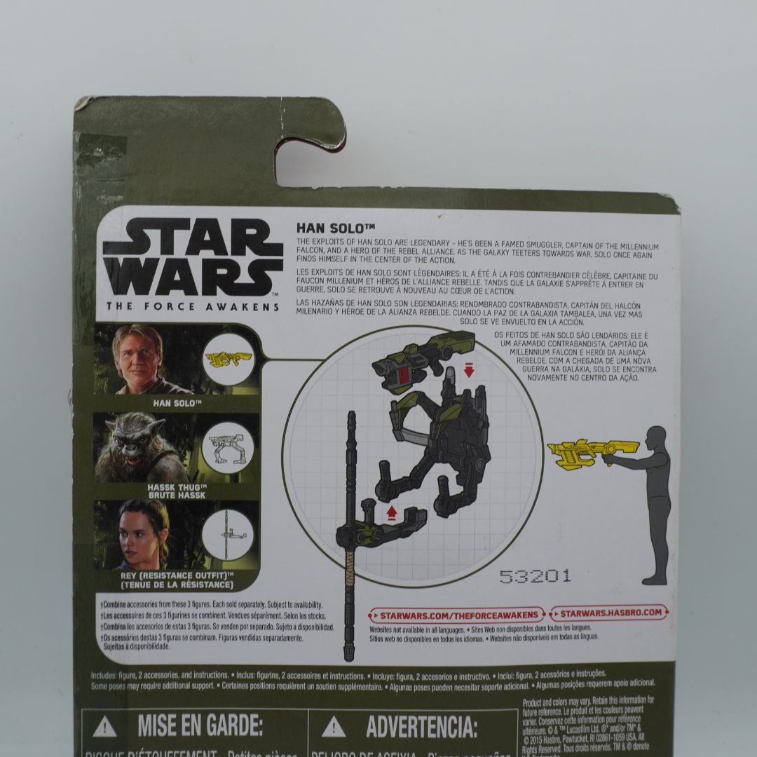 Back of a Star Wars action figure packaging with character images and text.