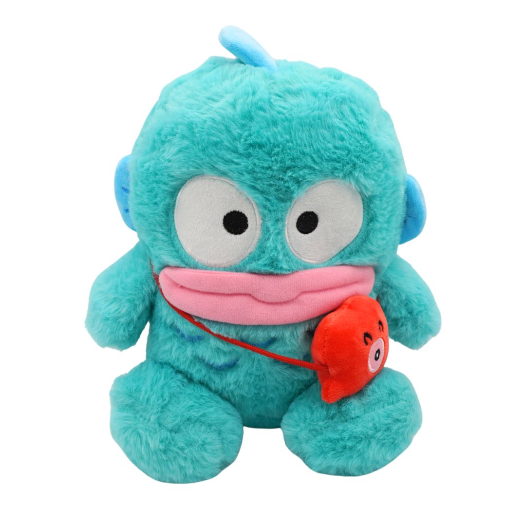 Blue fish plush with pink lips and a red bag