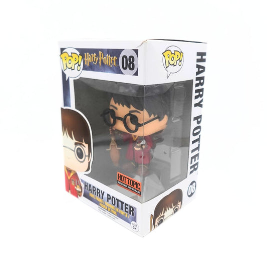 Exclusive Hot Topic Pre-Release Harry Potter 08 Funko Pop in a red Quidditch uniform, holding a broom and a golden snitch