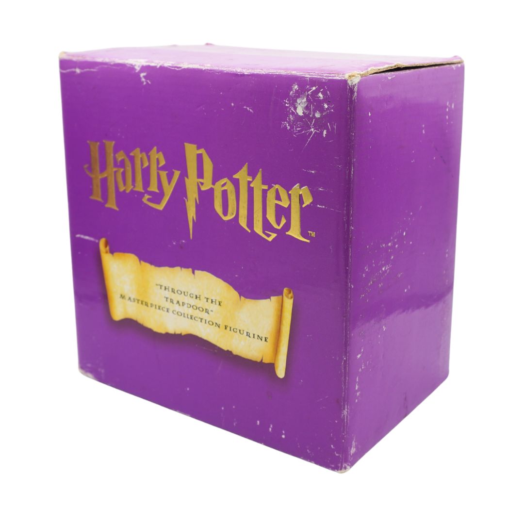 A purple cardboard box for a Harry Potter collectible figure, featuring the 'Harry Potter' logo in gold on the front and a gold scroll graphic near the bottom.