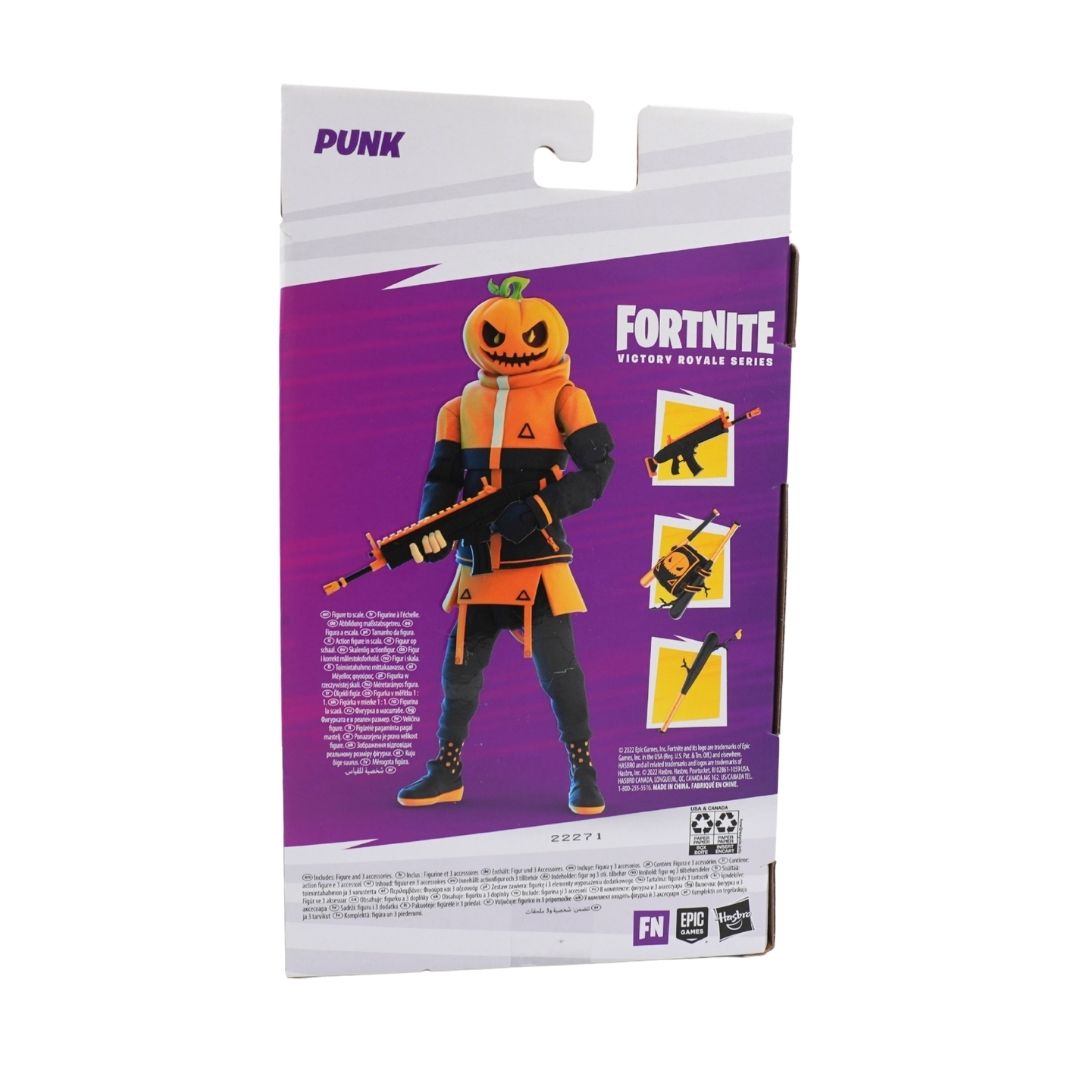 Fortnite PUNK Pumpkin Royale action figure back packaging, showing the pumpkin-headed character in an orange and black outfit holding a rifle, with purple and white card design and Fortnite branding.