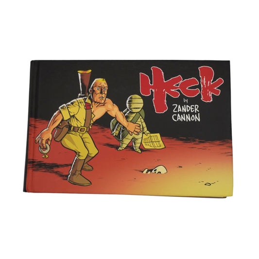 Front cover of the graphic novel Heck by Zander Cannon showing a man in a torn explorers uniform, photographed against a white background