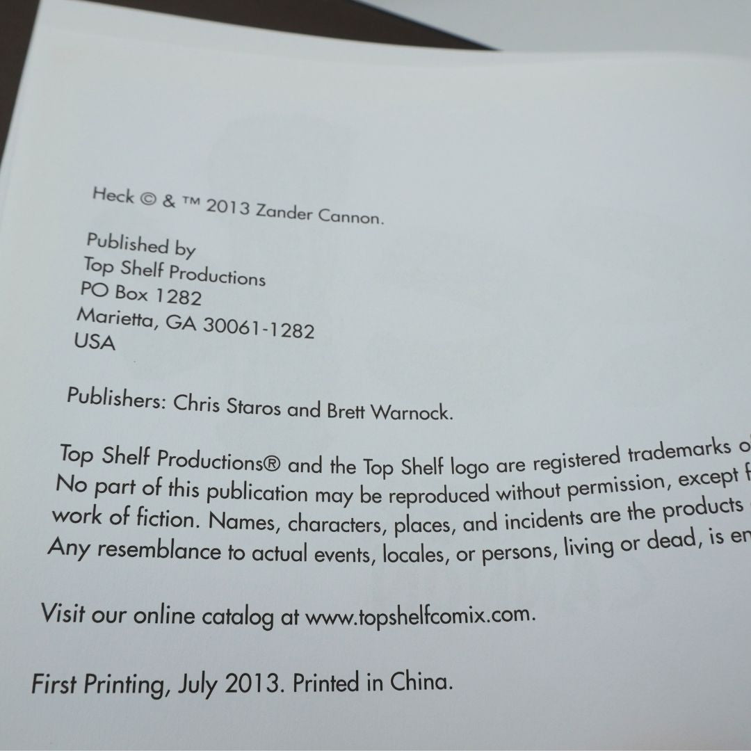 Publishing page for the 2013 graphic novel Heck, showing copyright and branding information