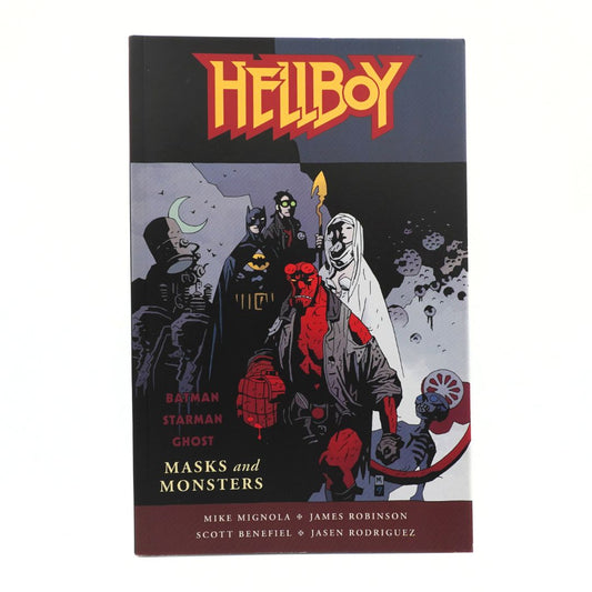 Hellboy: Batman Starman Ghost Masks and Monsters graphic novel volume, featuring a dark illustrated cover with multiple comic characters and the Hellboy title in red and yellow at the top.