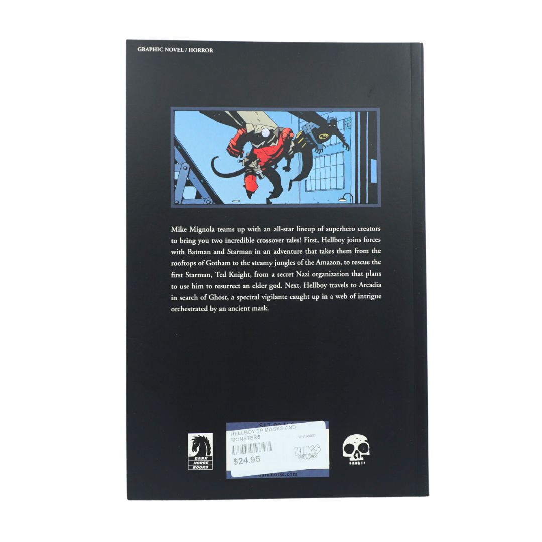 The back cover of the graphic novel 'Hellboy' by Mike Mignola, featuring a black background with a central illustration of a red and black monster, descriptive text, and publisher logos including Dark Horse Comics and Image Comics.