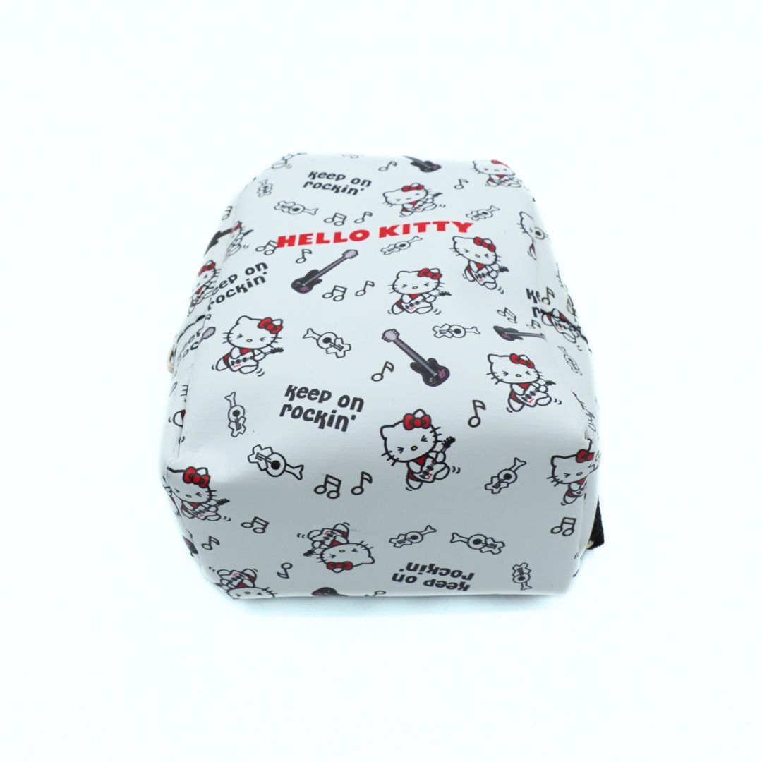 A white zippered pouch featuring a repeating Hello Kitty cartoon print with red bows, black outlines, and red text reading 'HELLO KITTY' and 'keep on rockin''.