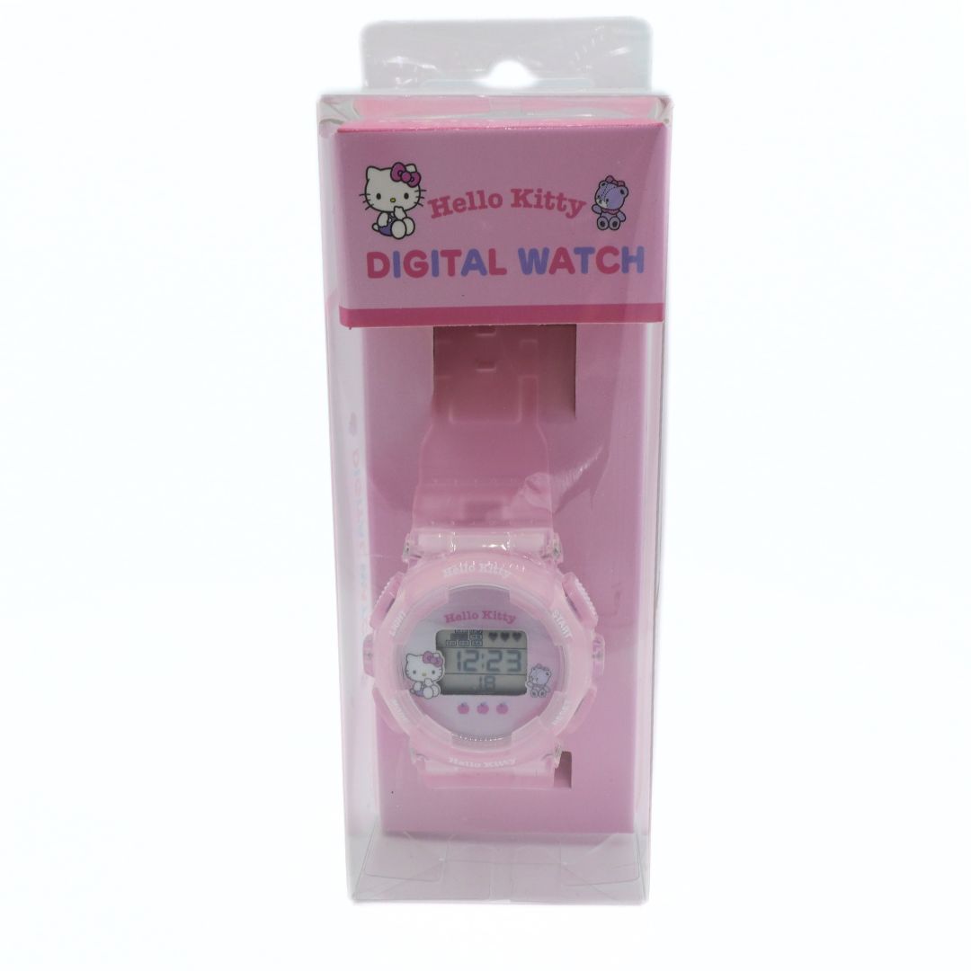 Pink digital watch in packaging with Hello Kitty branding on a white background