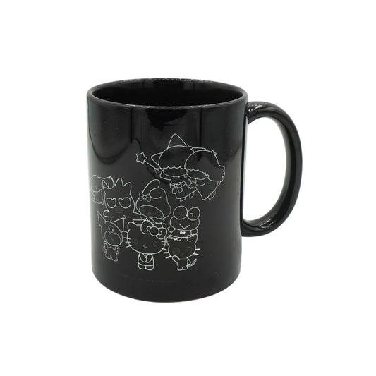 A glossy black ceramic mug featuring white line art illustrations of Sanrio characters, including Hello Kitty and Lasagna, on a plain white background.