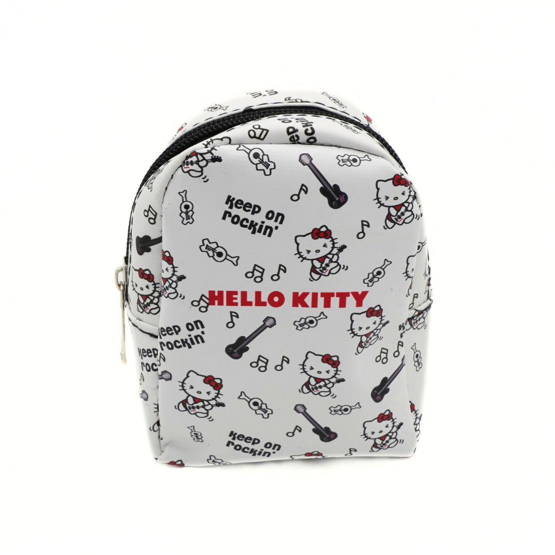 A small white zippered pouch featuring Hello Kitty cartoon graphics, including the red 'HELLO KITTY' text, musical notes, guitars, and the phrase 'keep on rockin''.