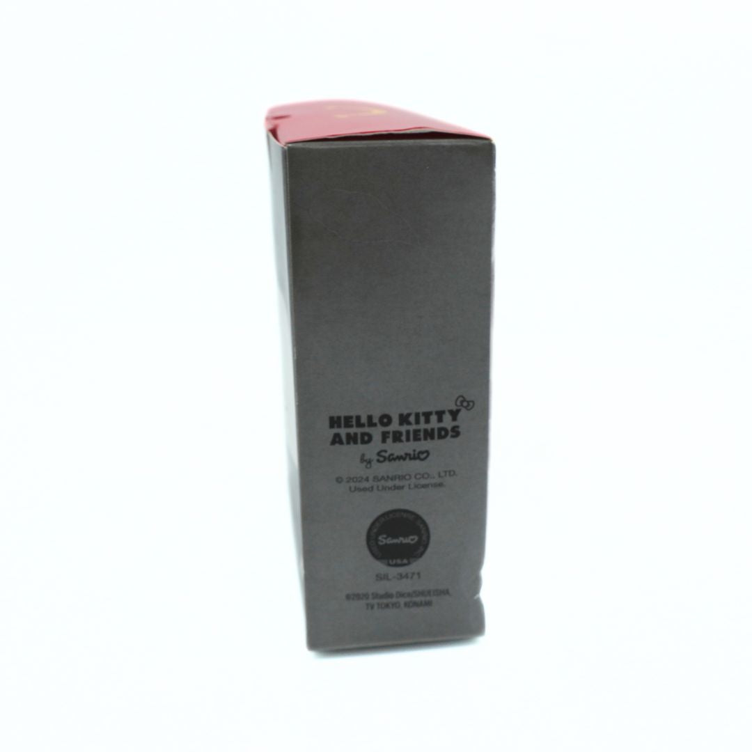 A tall, narrow rectangular box for Hello Kitty and Friends by Sandro, featuring a dark gray front with black text and a pink top flap, photographed against a plain white background.