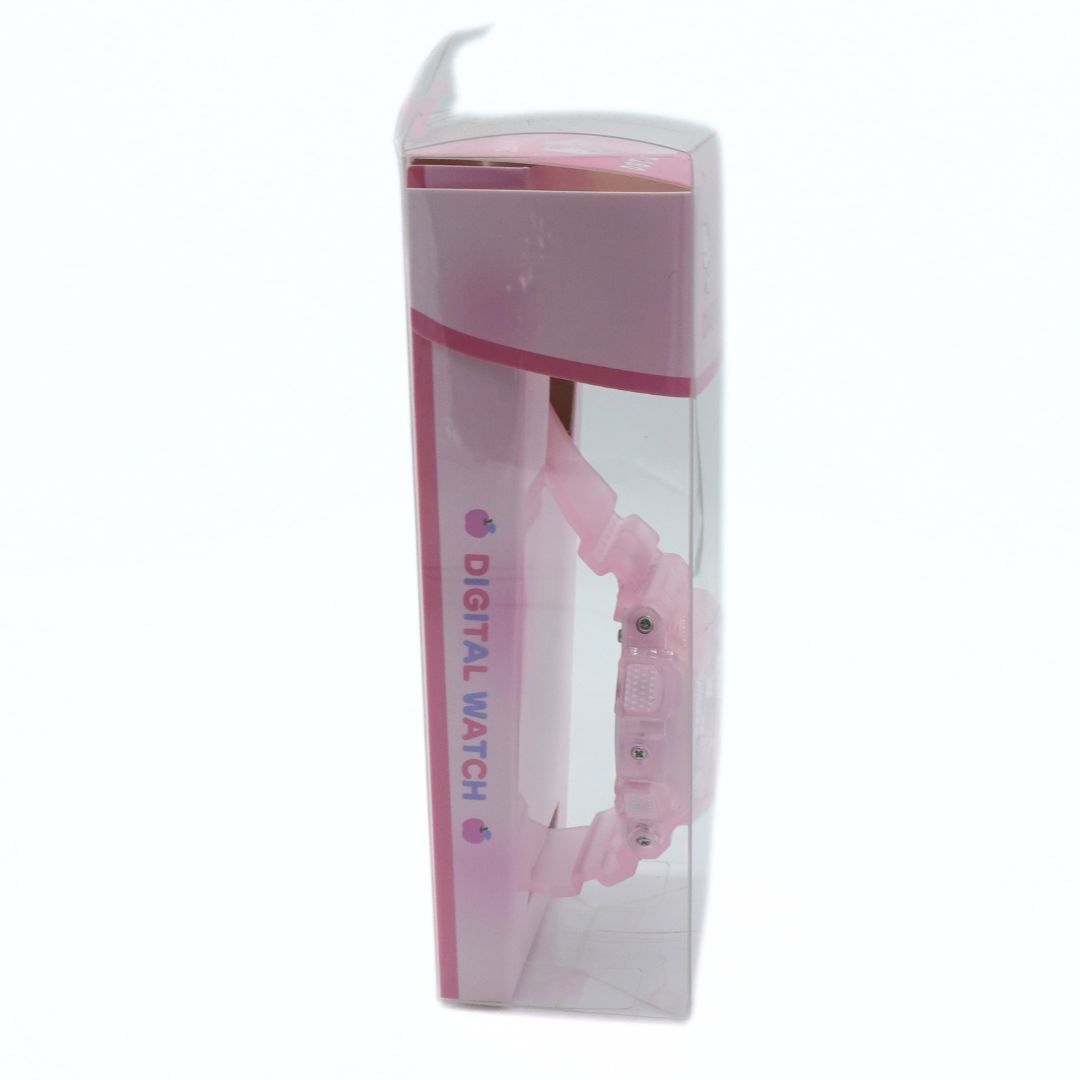 Pink digital watch in clear packaging on a white background
