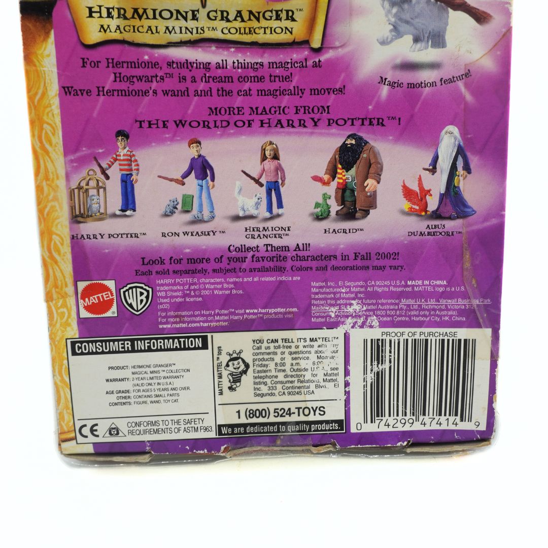Back of a toy packaging featuring Hermione Granger from Harry Potter with branding and product details.