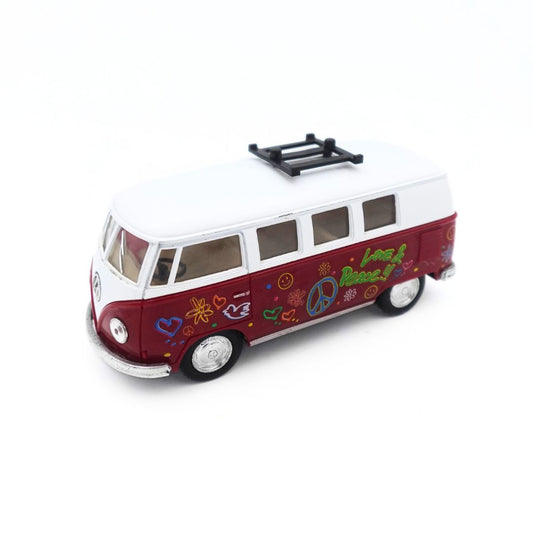 Angled photo of a white and maroon 1962 VW van with colourful decorations and a black roof rack