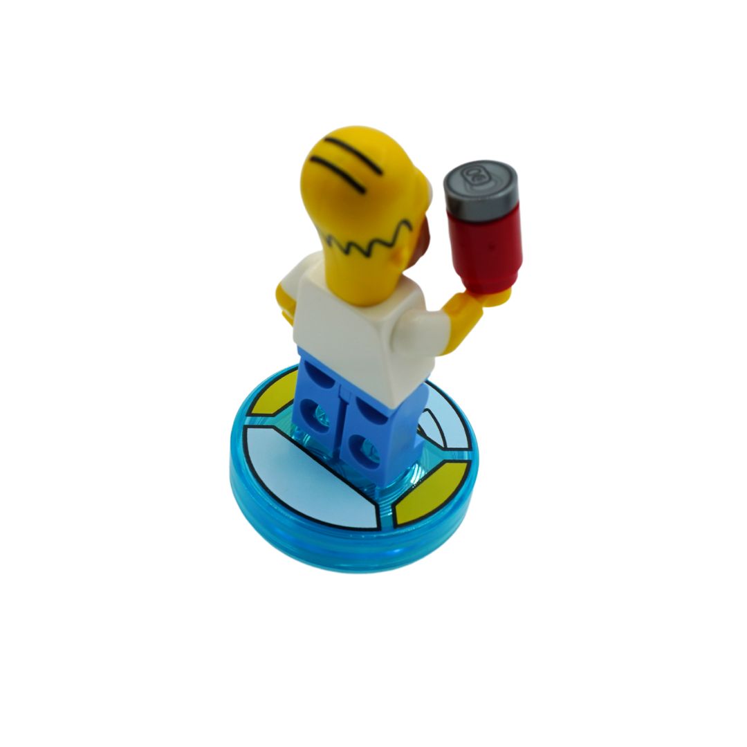 A small toy figure with a yellow head, white shirt, and blue pants standing on a circular blue and yellow base and holding a red and gray can, isolated on a white background.