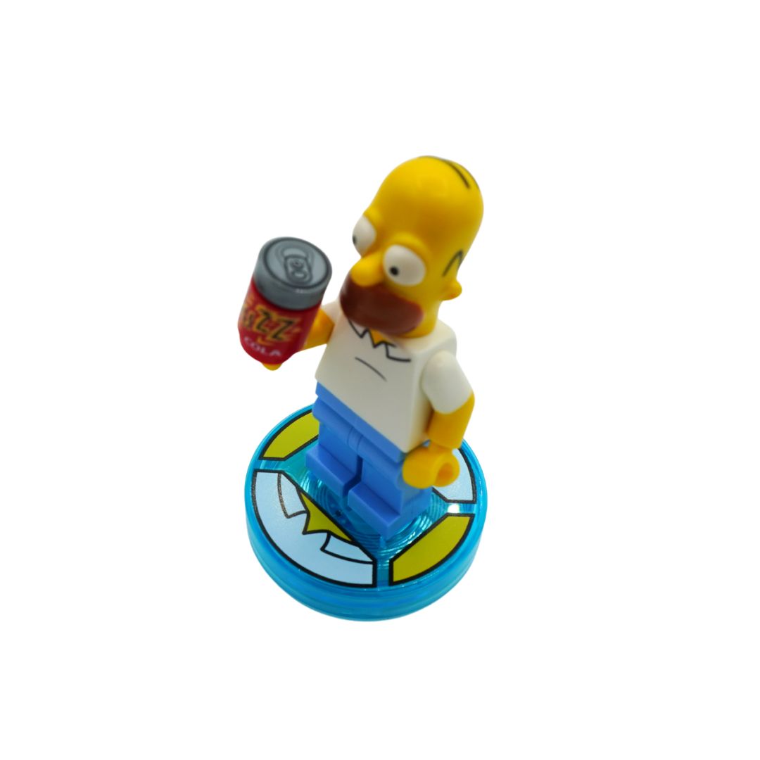 A Simpsons Homer figure holding a miniature red soda can, standing on a blue circular base against a plain white background.