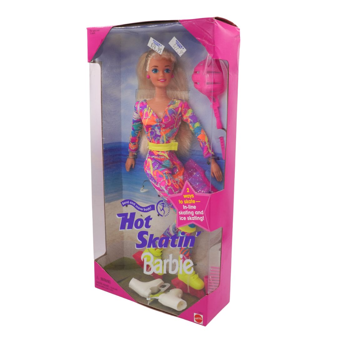 Barbie doll in a colorful outfit with packaging labeled 'Hot Skatin Barbie' on a white background.