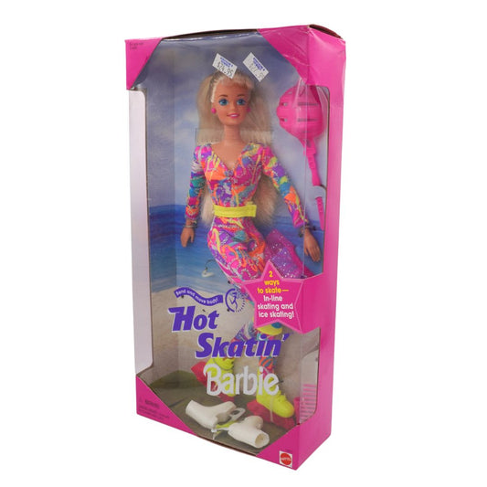 Barbie doll in a colorful outfit with packaging labeled 'Hot Skatin Barbie' on a white background.