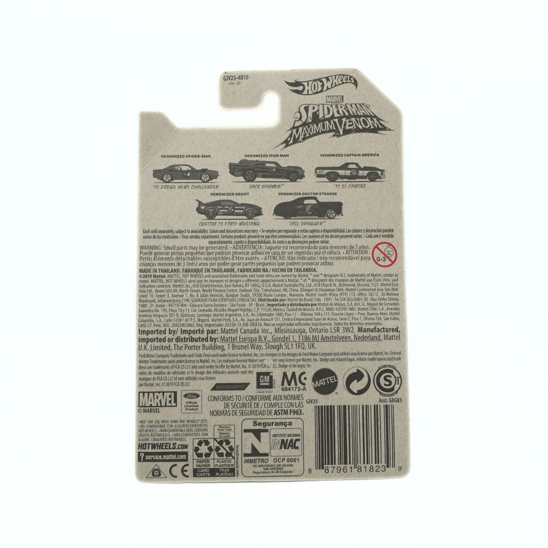 Back view of a Hot Wheels toy car packaging with branding and product details.