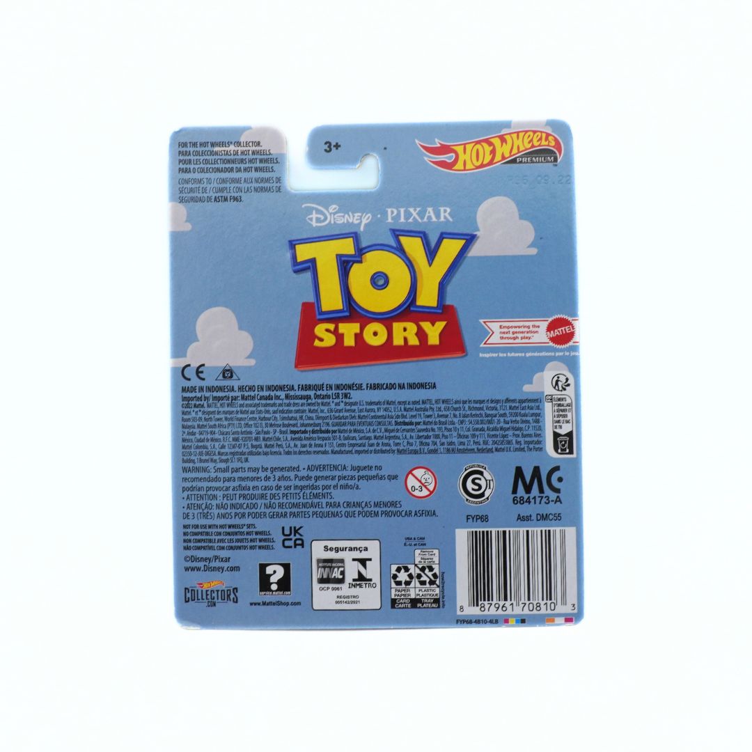 Hot Wheels Toy Story packaging with branding and product details on a white background