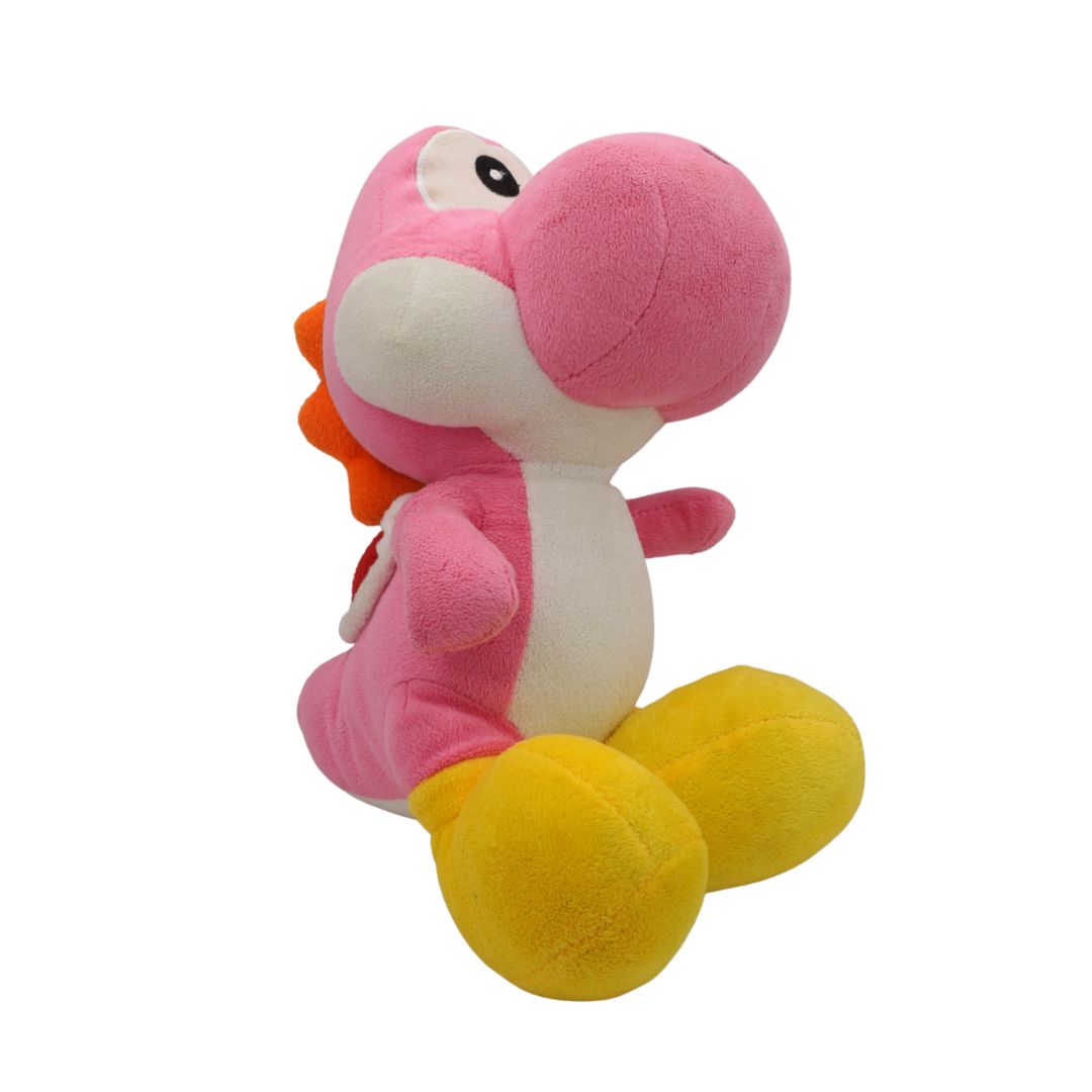 Pink and yellow plush toy on a white background