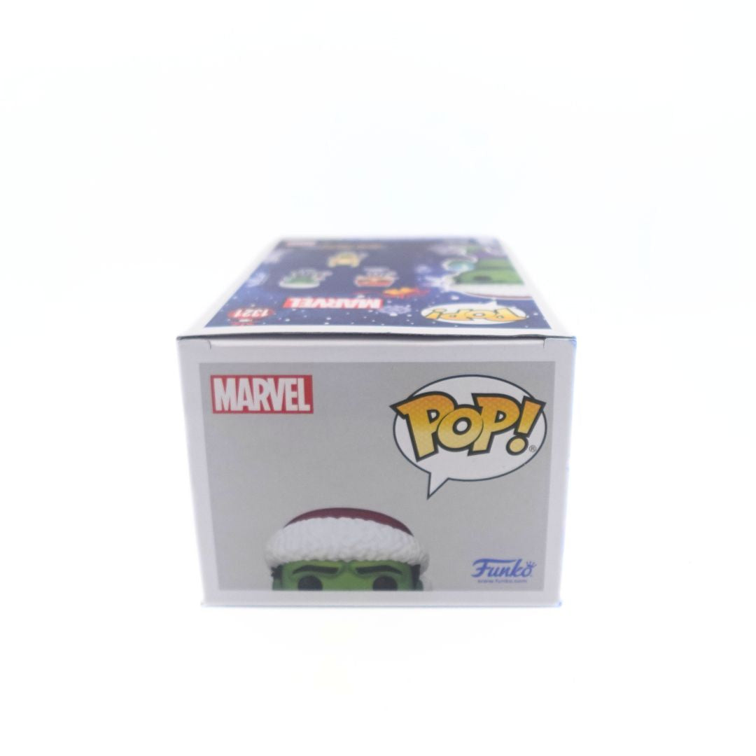 Top down photo of the Hulk 1321 Funko Pop Christmas edition