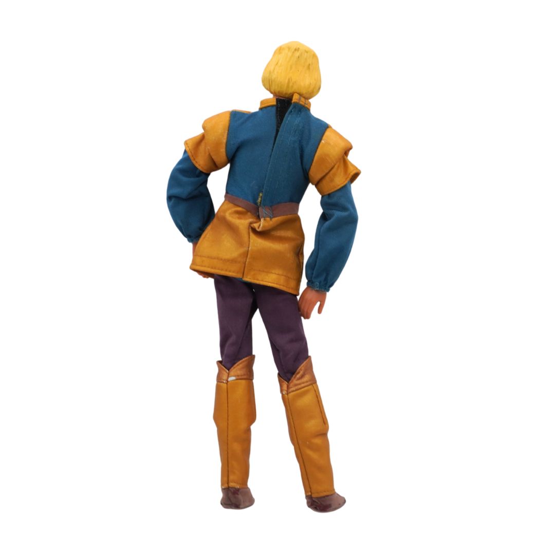 Action figure wearing a blue and yellow outfit on a white background