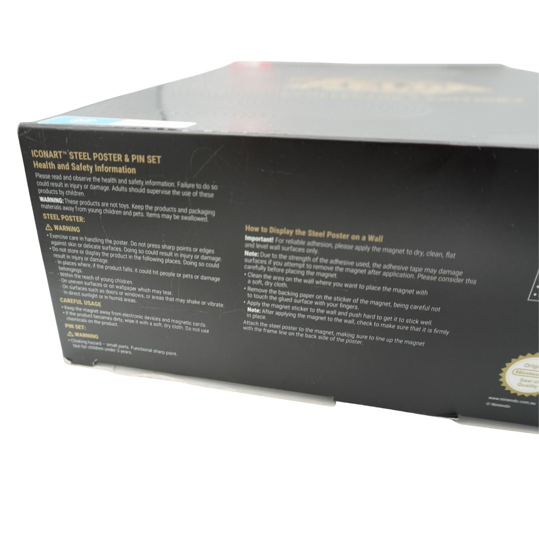 Iconart Steel Poster and Pin Set safety information on a black box on a white background