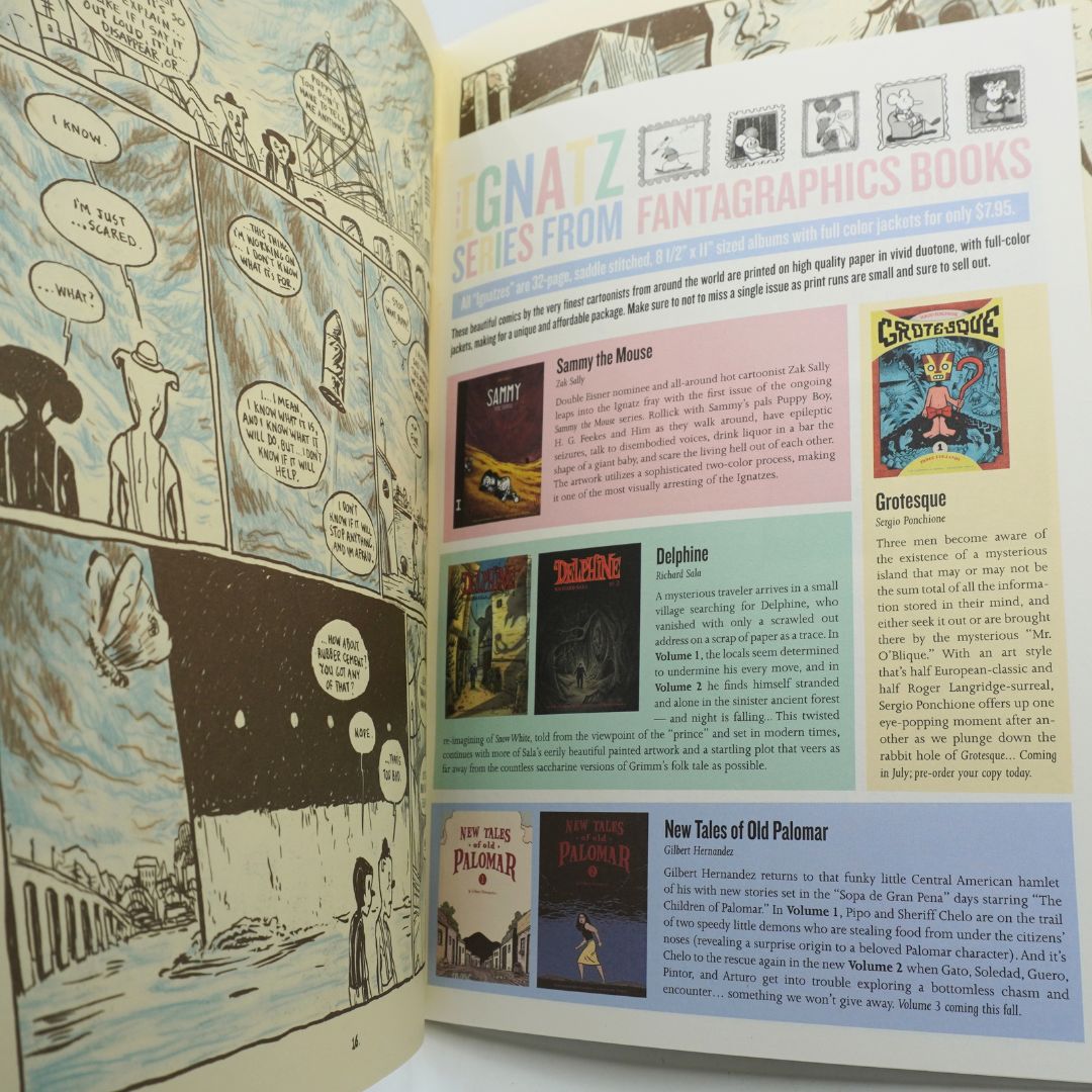 An open book or magazine spread showing illustrated comic-style panels on the left page and a colorful text-heavy cover or interior page on the right with the title 'IGNATZ' and fantasy book cover thumbnails.