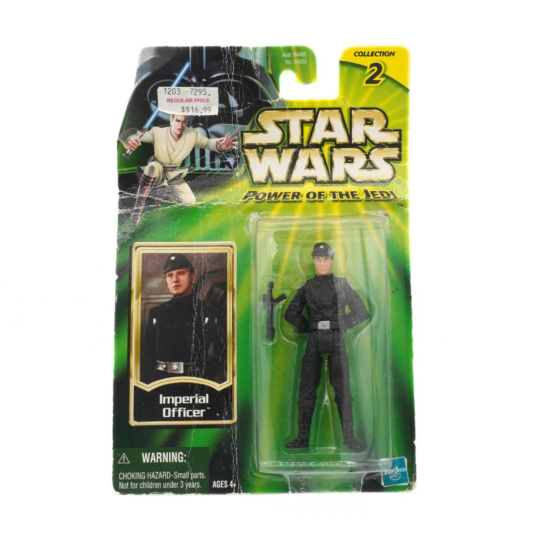 Star Wars action figure packaging with 'Imperial Officer' on a green background