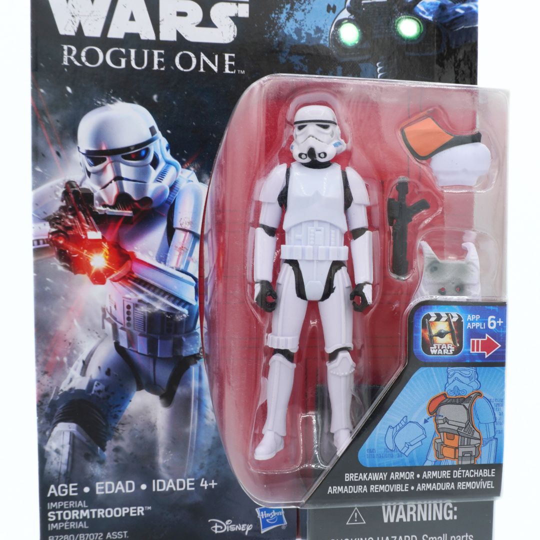 Star Wars Rogue One Imperial Stormtrooper action figure in packaging with character illustration on the left.