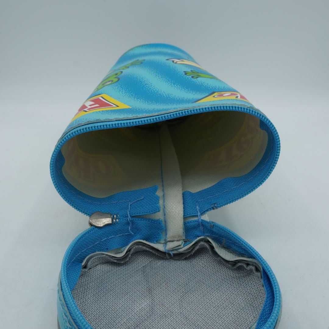 Blue pencil case with colorful patterns on a white background