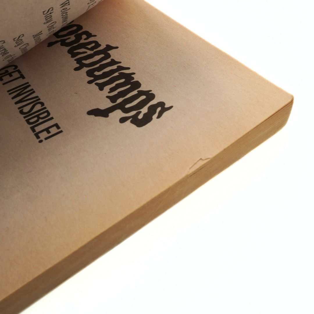 Notebook with text 'GOOSEPUMPS LETS GET INVISIBLE!' on a white background