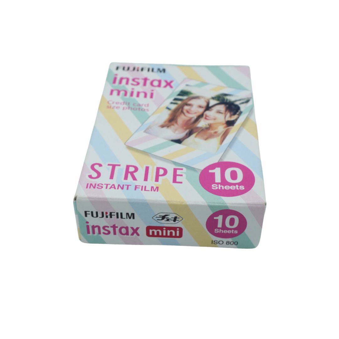 Fujifilm Instax Mini Stripe Instant Film box containing 10 sheets, featuring a pastel striped design with pink and blue accents and an example photo print on the front.